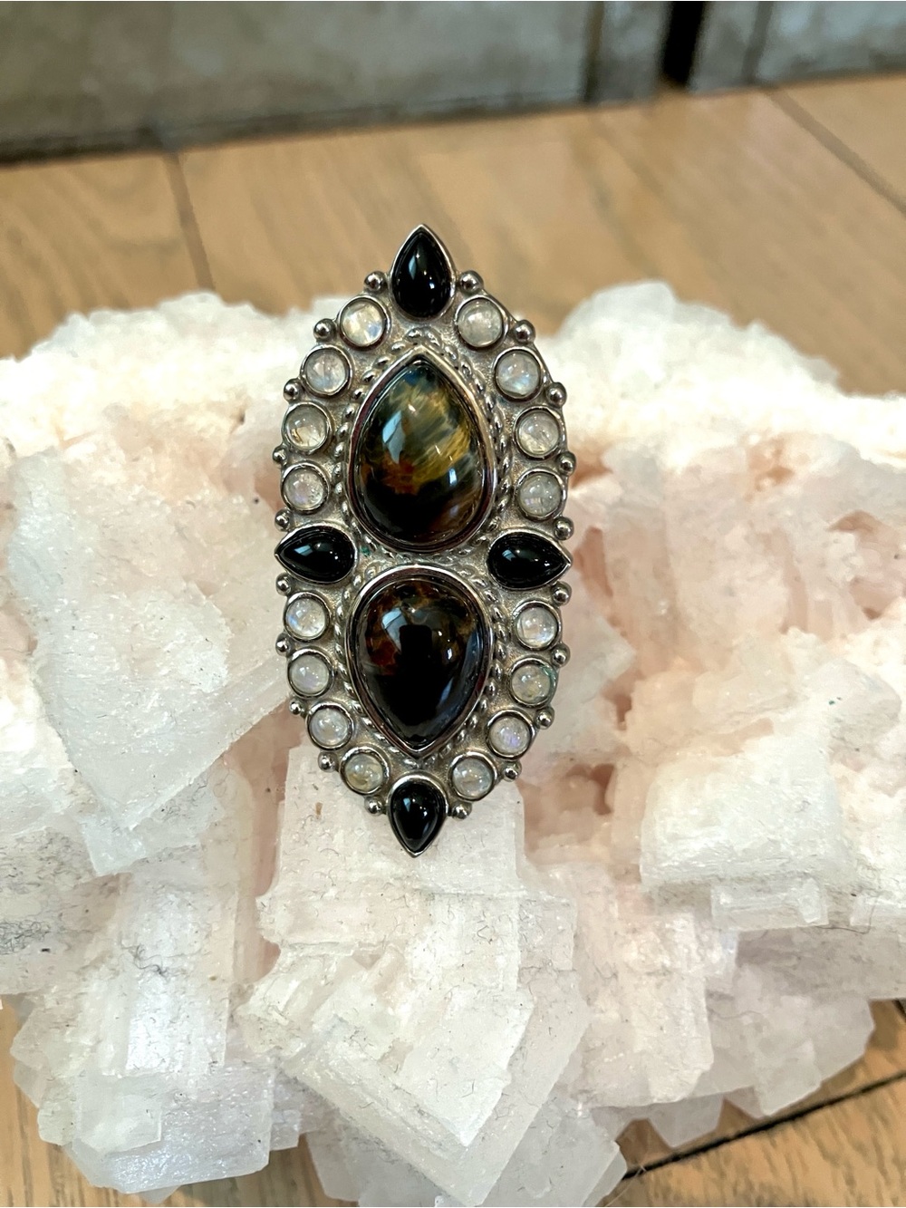 Handcrafted Sterling-Style Double Teardrop Statement Ring in Brown and Black